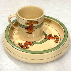 Roseville Pottery Creamware Juvenile Rabbit Rolled Edge Plate & Cup Set